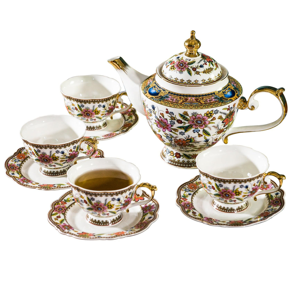 ACMLIFE Fine Bone China Tea Set, 13-Piece English Tea Set for Adults, Afternoon Tea Sets for Women Tea Party or Gift Giving, Pink and Gold