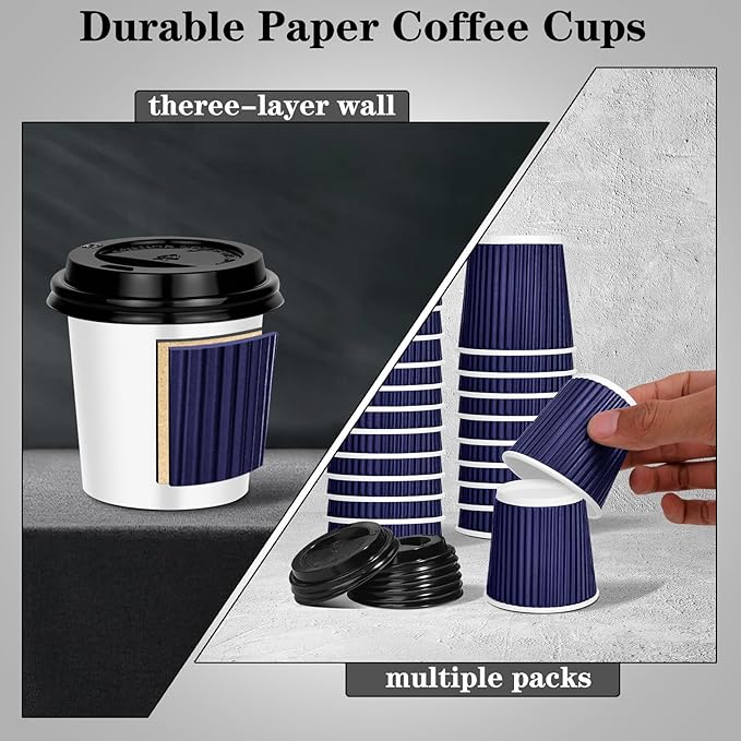 100 4oz Disposable Espresso Cups with Lids Ripple Corrugated Paper Disposable Coffee Cups Cups for Hot Chocolate, Tea, and Cocoa Drinks (Blue)