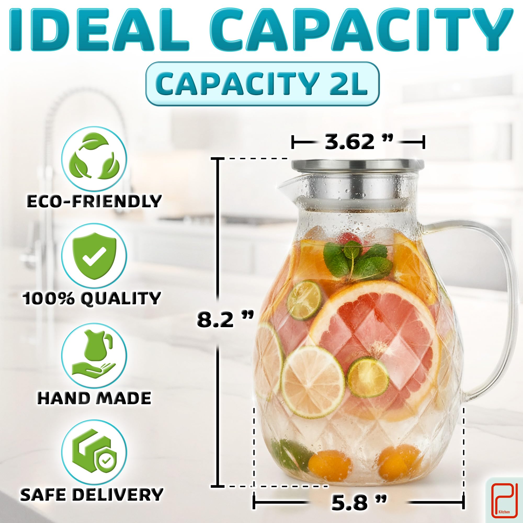 Borosilicate Glass Pitcher with Lid & Spout - 2 L / 68 oz Water Jug