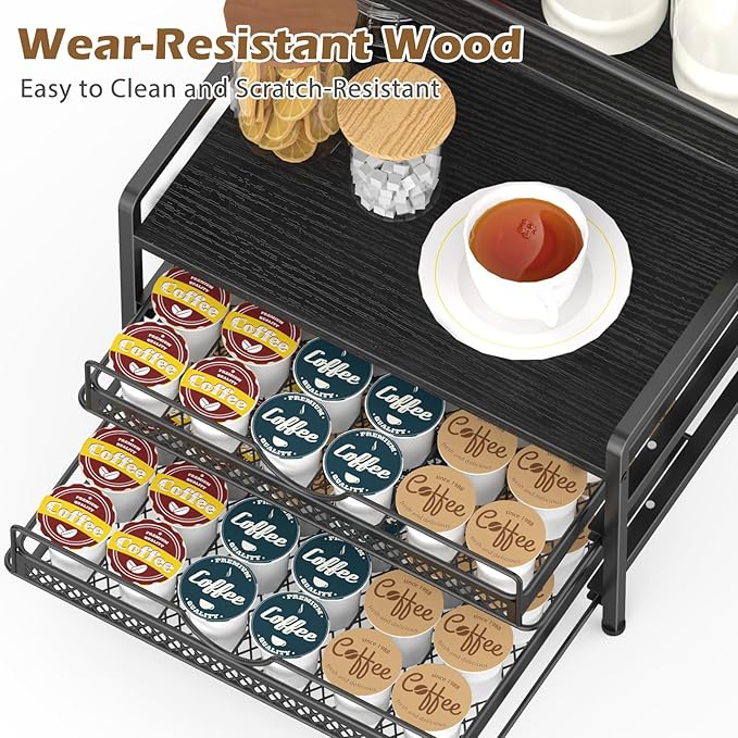 Coffee Bar Organizer, Coffee Pod Organizer,3 Tier Coffee Syrup Rack Organizer,72 K Cup Storage for Counter Storing K Cup,Coffee Syrups, Coffee Makers and Other Coffee Supplies-Black