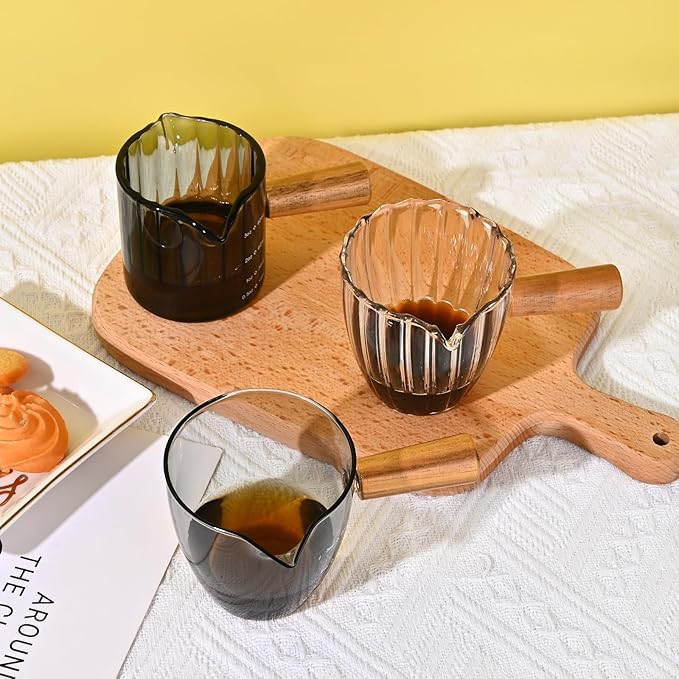 Glass Measuring Cup, 3oz Espresso Shot Glass with Wood Handle, Double Spouts Measuring Cups Pitcher Milk Cup Coffee Shot Glasses (Gray Ribbed)