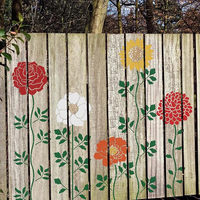 12PCS Large Flower Stencils for Painting on Wood 12 x 12 Inch Giant Wall Stencil with Brushes Large Pattern Floral Stencils Sunflower Paint Stencil for Walls Garden Fence Furniture