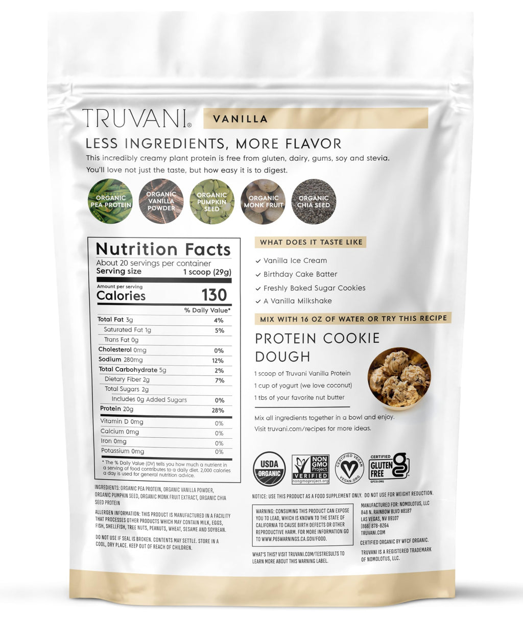 Truvani Organic Plant Based Protein Powder | Vanilla | 20 Servings