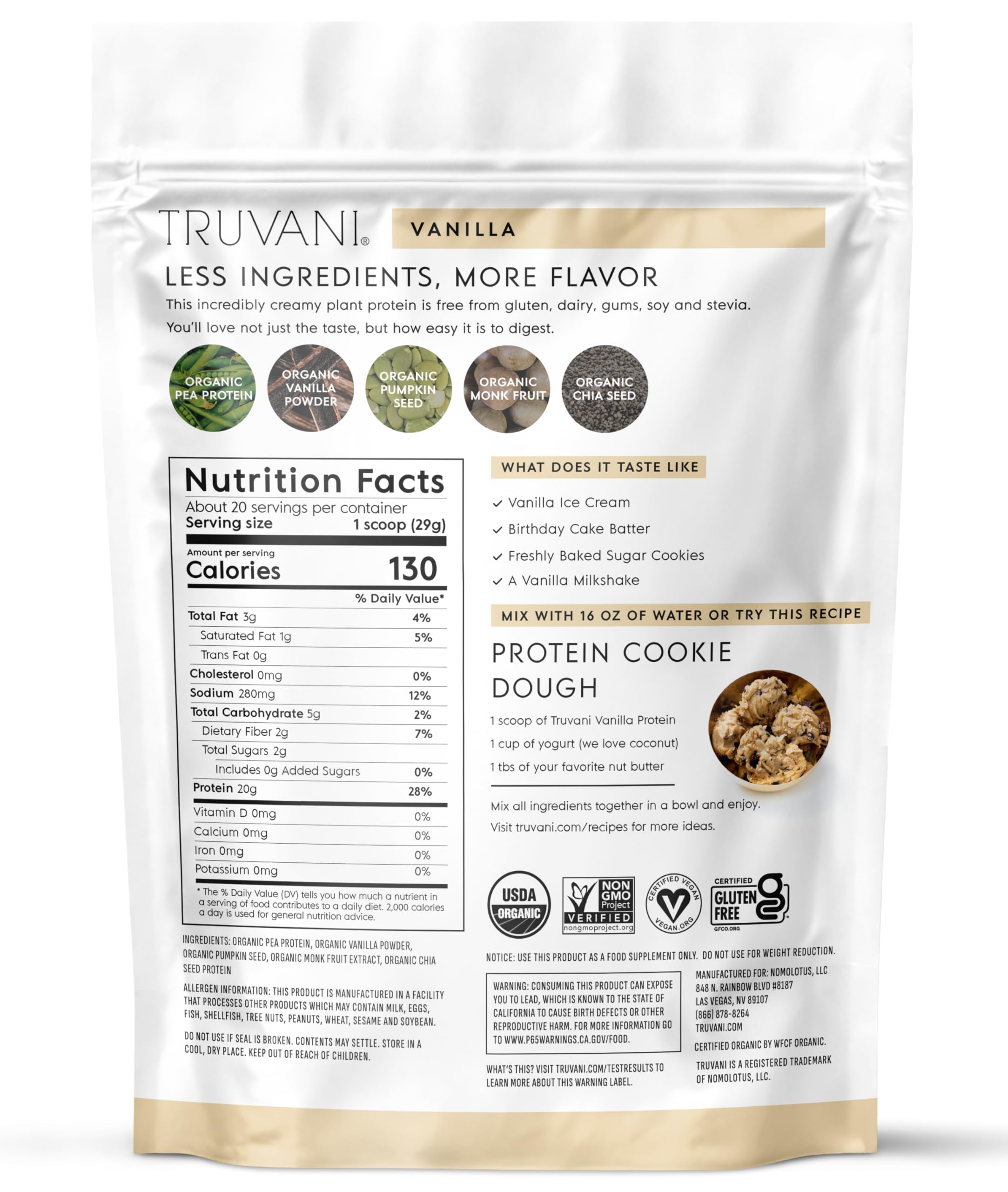 Truvani Organic Plant Based Protein Powder | Vanilla | 20 Servings