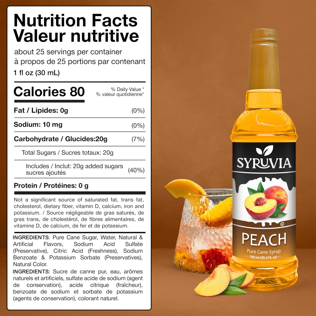 Syruvia Peach Syrup, Flavored Syrup for Cocktails, Fruit Drinks, Lemonades, and Desserts – 25.4 fl oz