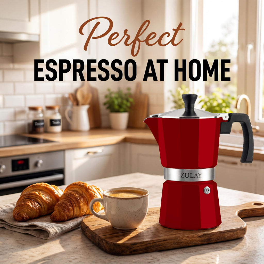 Zulay Moka Pot Espresso Stovetop Coffee Maker - Leak-Proof, Stainless Steel, Easy to Clean, Heat Resistant Handle & Knob - for Authentic Cuban & Italian Style Espresso - Makes 6 Espresso Cups - Red