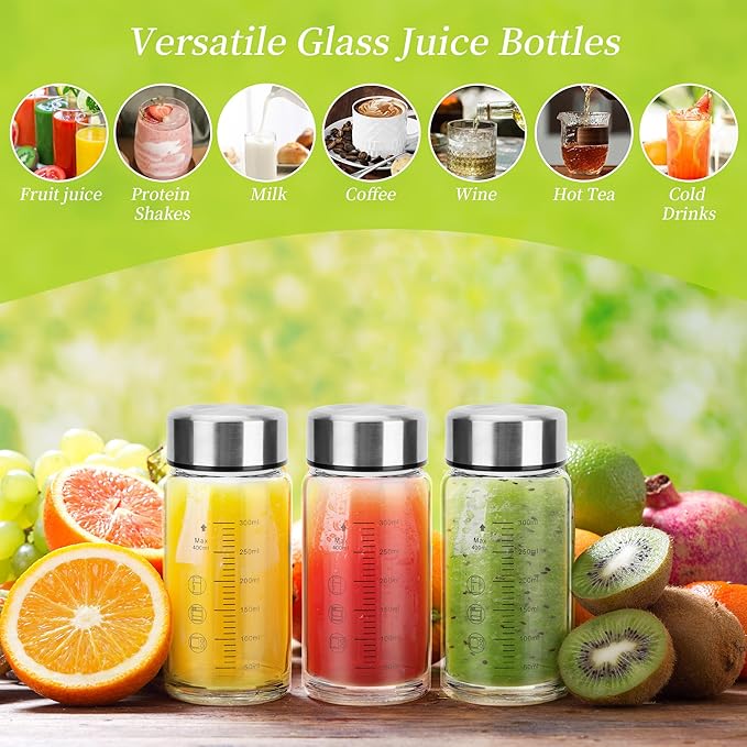 souG 4 Pack 14oz Juice Bottles，Wide Mouth Glass Water Bottles with Lids - for Juicing, Smoothies, Milk, Protein, BPA Free, Reusable, Stainless Steel Lids, Leak Proof, Shaker bottle (14oz/400ml)