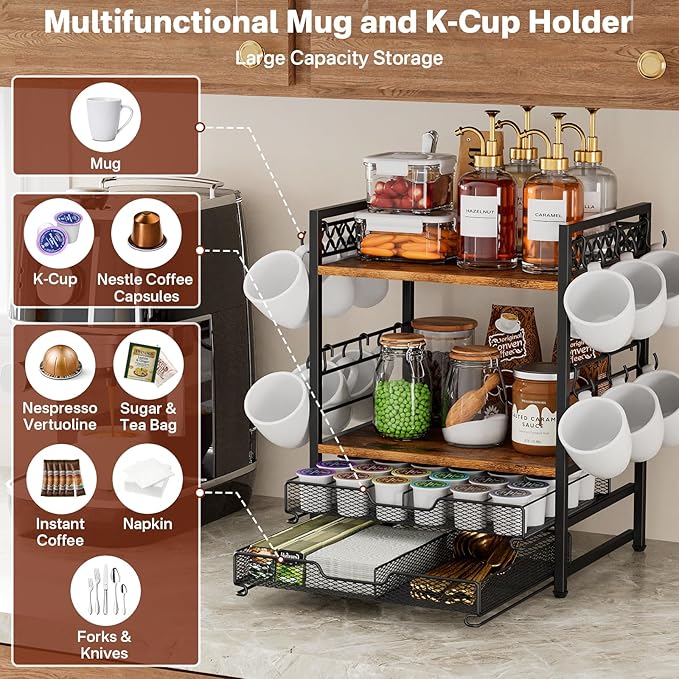 Coffee Bar Organizer Countertop Station Shelf - 4 Tier Mug Holder Stand With 12 Hooks, 30 K Cup Pod Drawer, Multifunctional Shelf for Accessories Kitchen