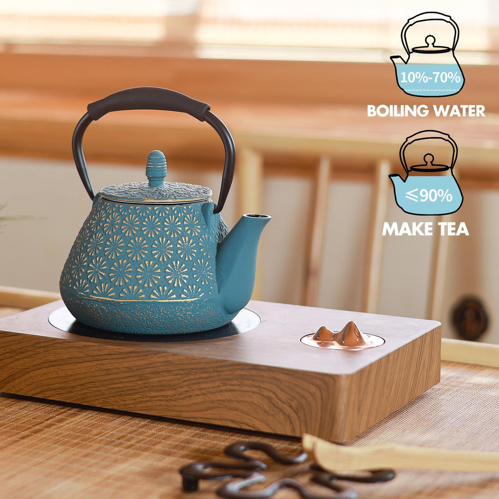 GUANGHEIRON Cast Iron Teapot, 32oz Tea Kettle with Infuser for Stove Top, Sakura Blossom Pattern Japanese Tea Pot for Tea & Coffee Coated with Enameled Interior, Silicone Handle 950ml Blue