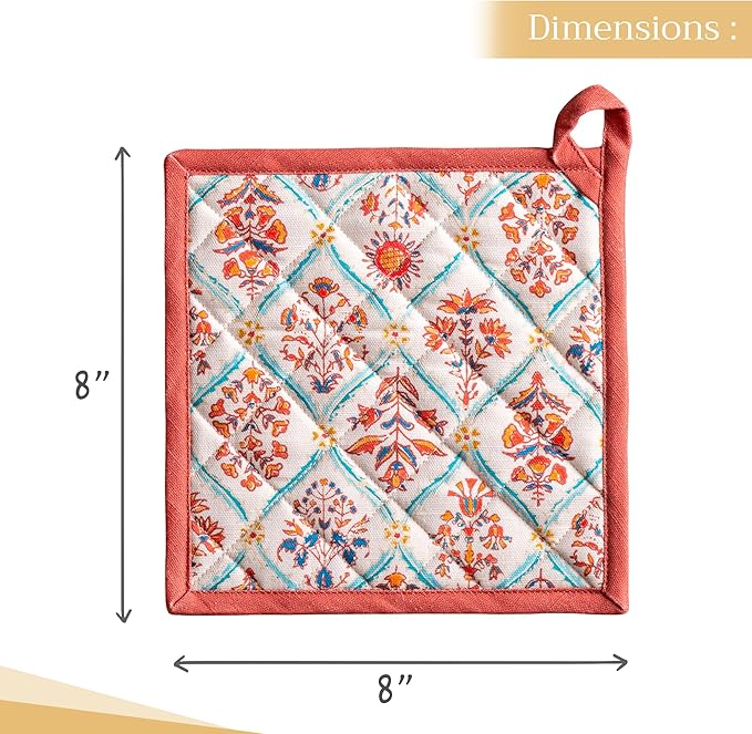 Maison d' Hermine Pot Holders 100% Cotton Heat Resistant Potholders 8" x 8" Hot Pads with Loop BBQ, Cooking, Baking, Grilling, Kitchen, Handling Hot Pans (Pack of 1, Romane)