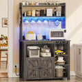 Itaar 35.4 inch Coffee Bar Cabinet, Bakers Rack with Power Outlet and Storage, Farmhouse Microwave Stand Kitchen Cabinet with Hutch, LED Lights, Wine Glass Holder and 8 Hooks, Black