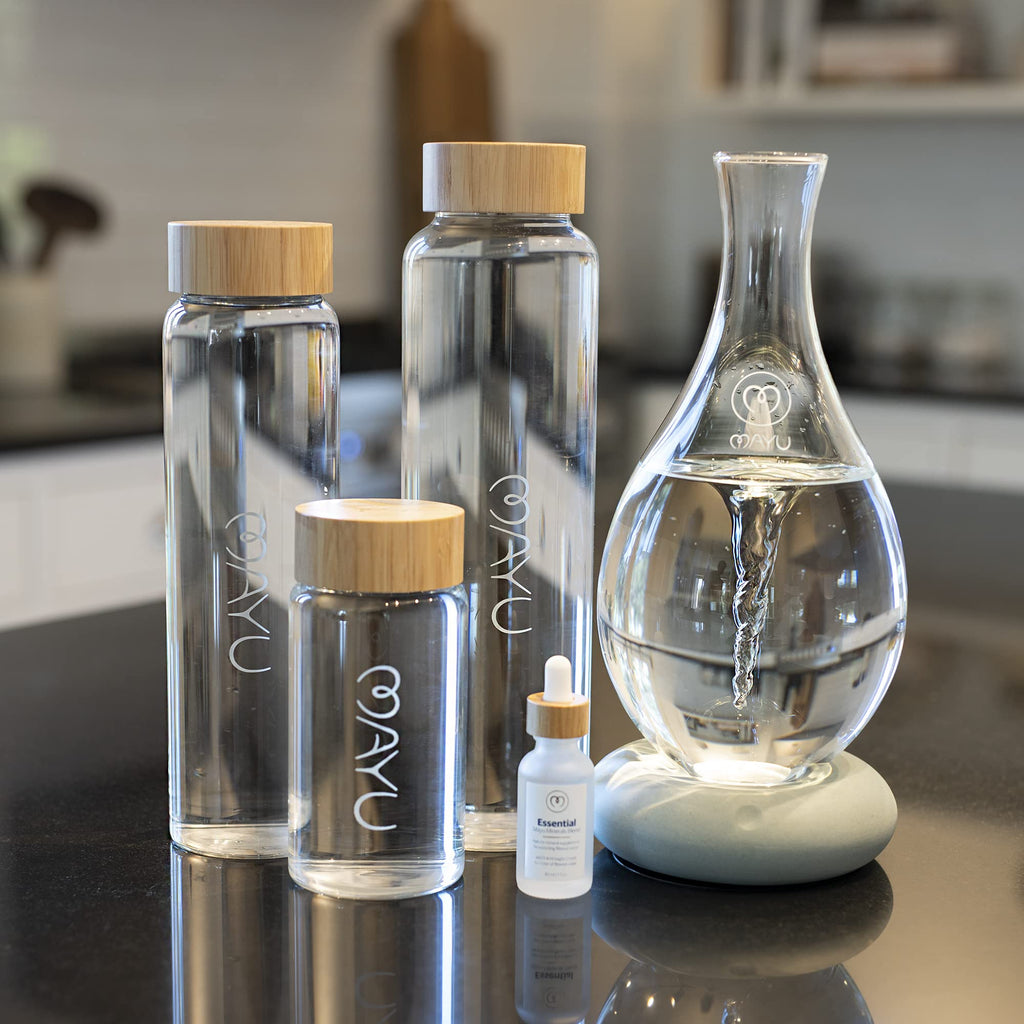 mayu, Pure Glass Reusable Water Bottle w/Bamboo Lid (1.5 Liter) 100% Grade-A Borosilicate Glass, Modern Minimalist Design, Leak Proof, Eco Friendly, Great for Outdoor & Everyday Use, Dishwasher Safe