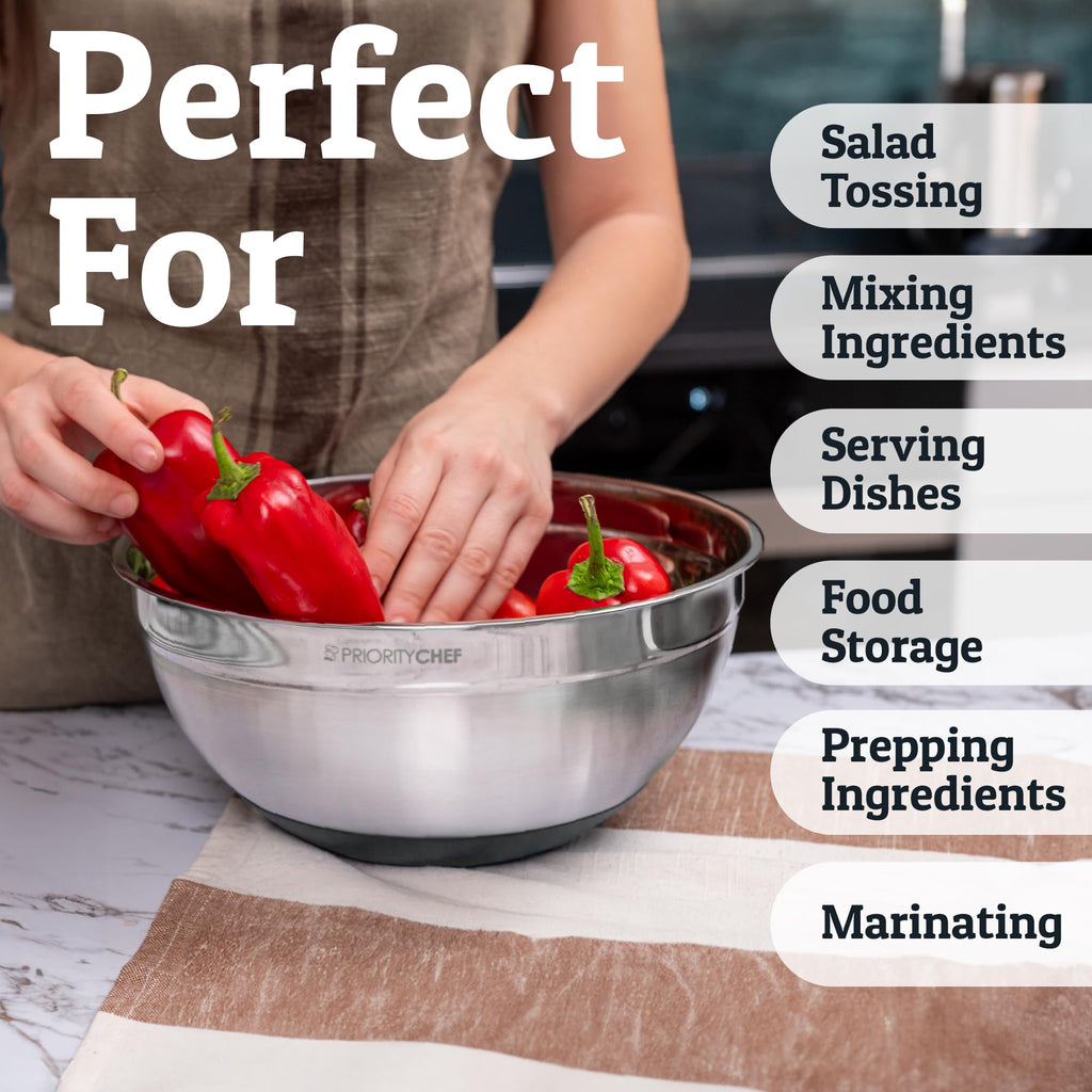 Priority Chef 6pc Stainless Steel Mixing Bowls with Lids Set, 7 Qt, Grey