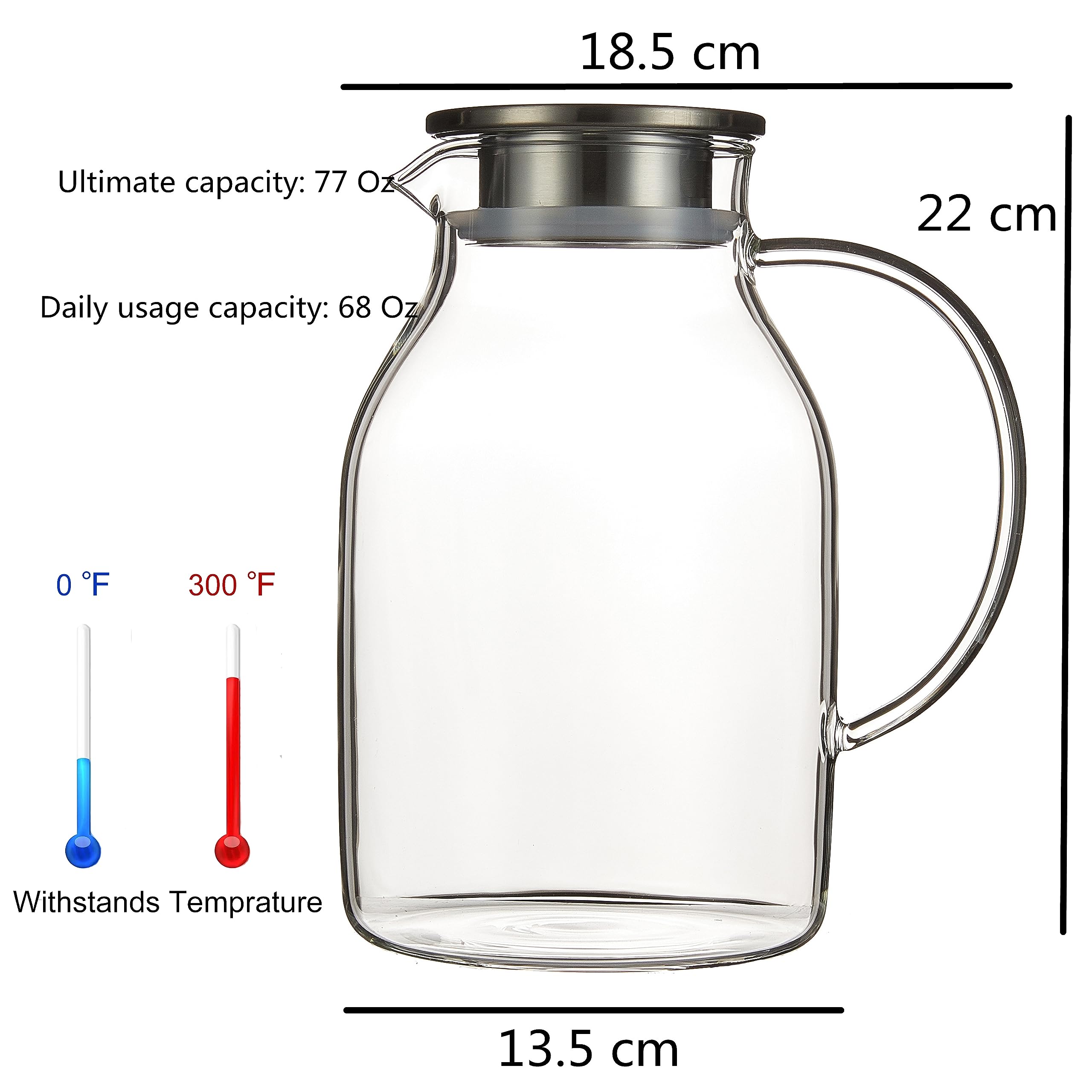 Karafu 68 Oz Borosilicate Glass Pitcher with Lid, Hot Cold Water Tea Jug