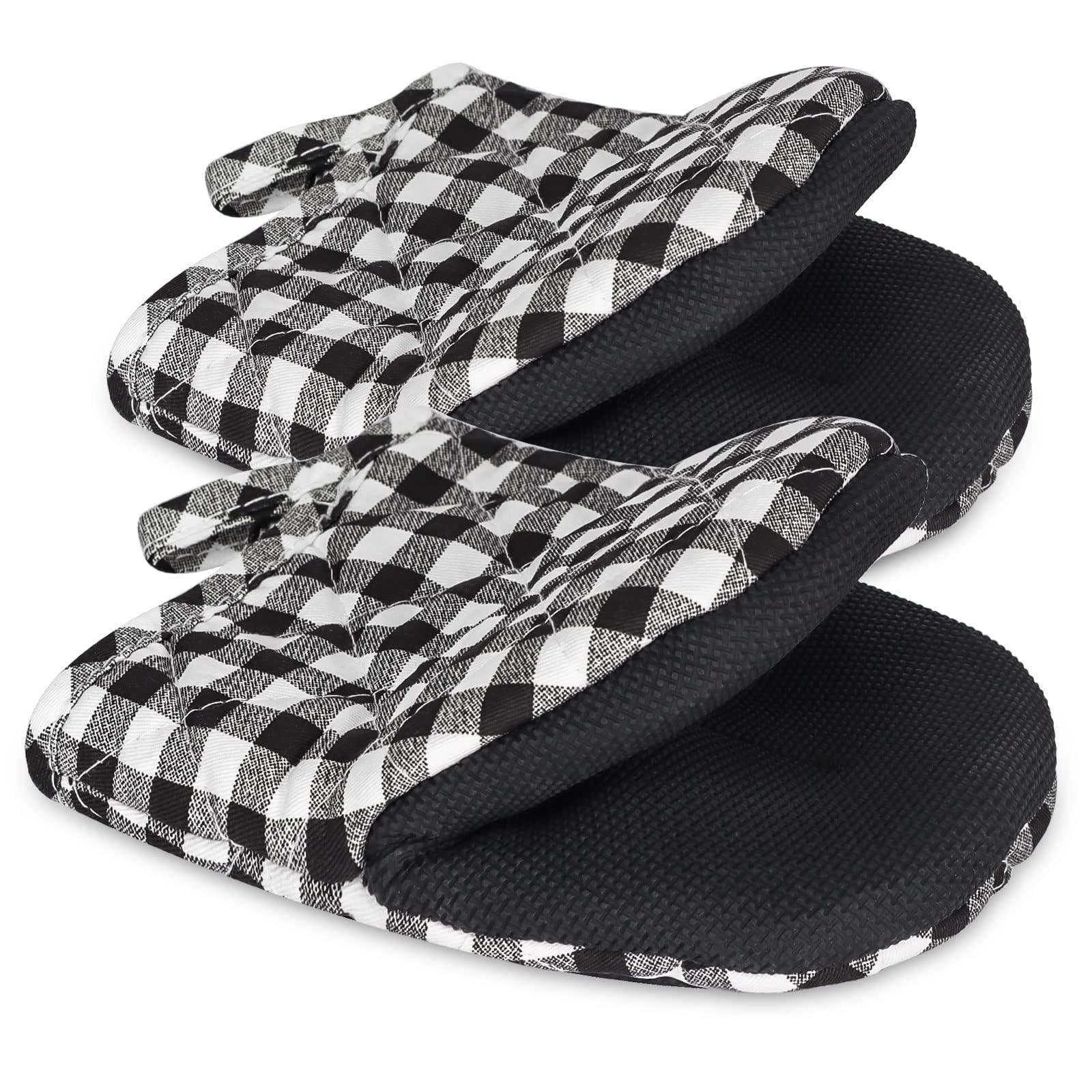 Short Oven Mitts, Heat Resistant 500°F, Silicone Grip Kitchen Gloves, Non-Slip for Baking, Grilling, BBQ, Machine Washable with Hanging Loop, 2-Pack Set, Black and White Plaid