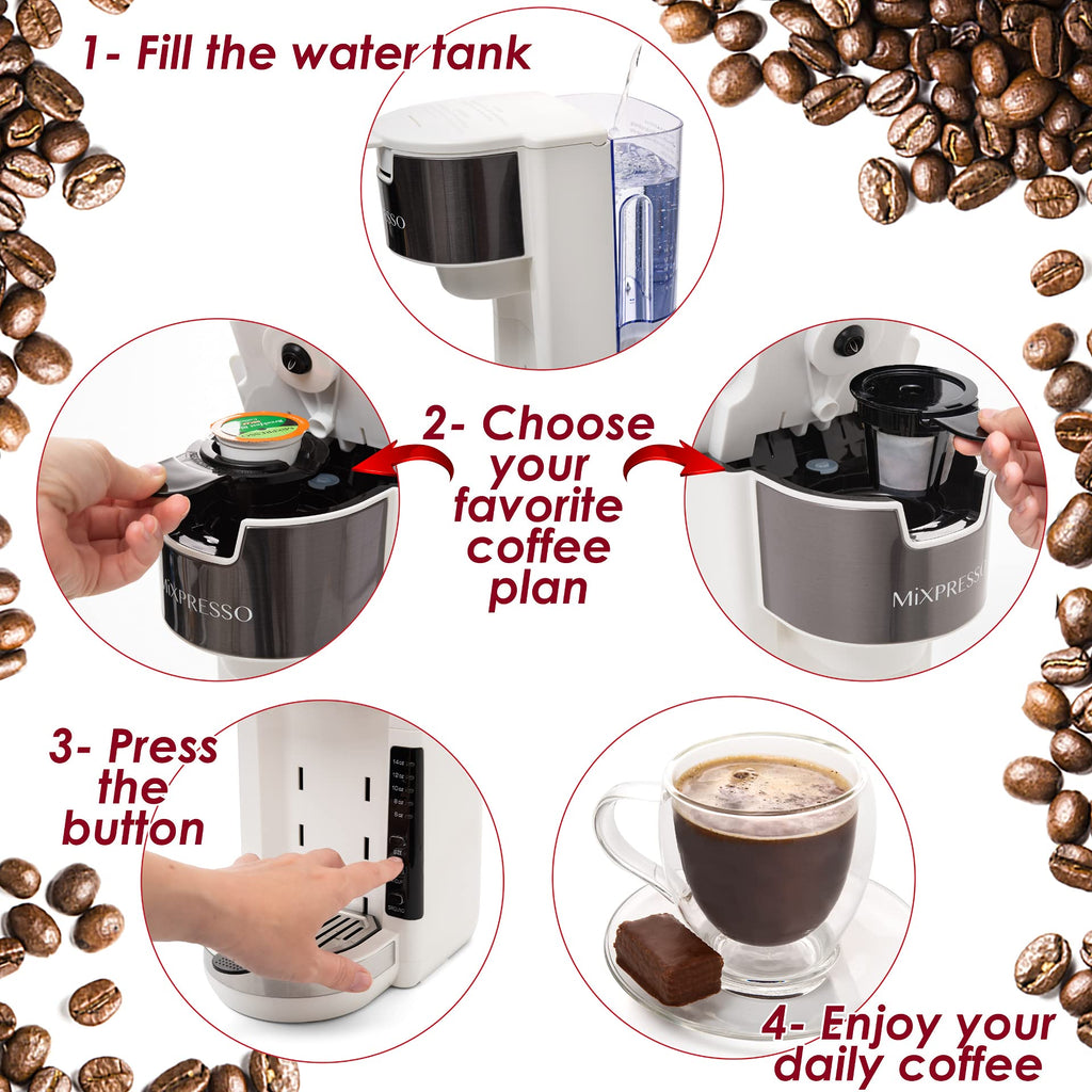 Mixpresso White Single Serve Coffee Brewer K-Cup Pods Compatible & Ground