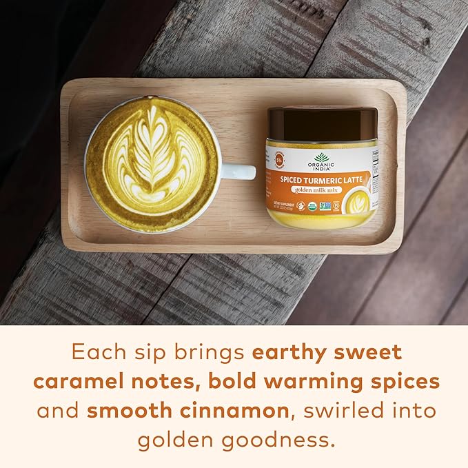 Organic India Spiced Turmeric Latte Powder - Golden Milk Mix, Authentic Blend, Gold Tea Drink, With Ginger and Cinnamon, Vegan, Ayurvedic Herbs, Caffeine Free, Zero Added Sugar - 3.52 Oz