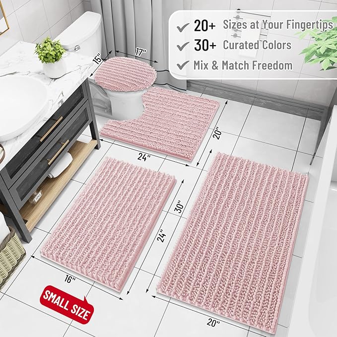 Arotive Luxury Chenille Bathroom Rug Mat, Extra Soft Thick Absorbent Shaggy Bath Rugs, Non-Slip Machine Wash Dry, Plush Bath Mats for Bathroom, Shower and Tub, 47x24, Dirty Pink