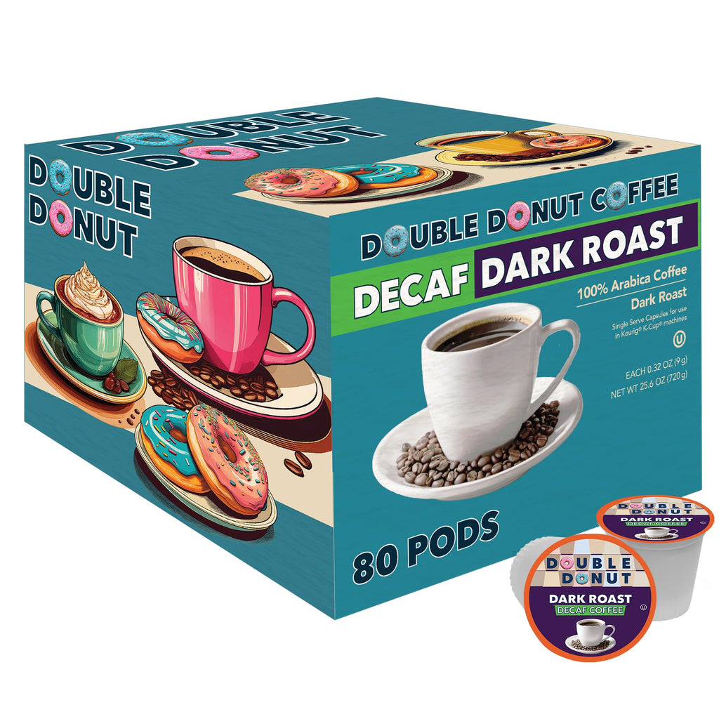 Double Donut Coffee Decaf Dark Roast Coffee Pods, Extra Bold Blend Coffee, Single Serve Coffee For Keurig K Cups Machines, Decaf Dark Roast Coffee in Recyclable Pods, 80 Count