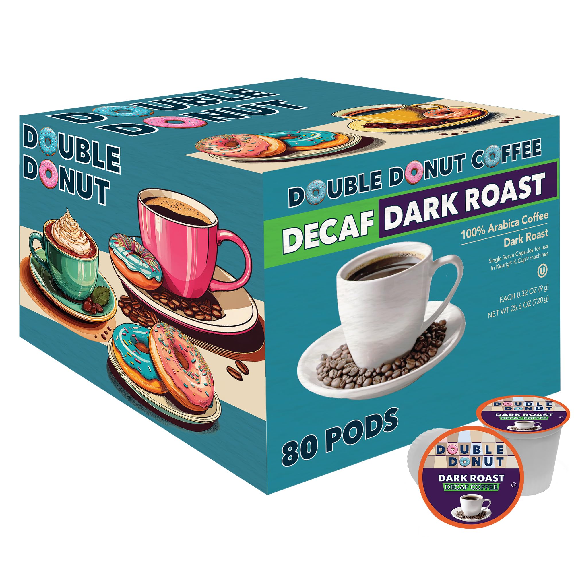 Double Donut Coffee Decaf Dark Roast Coffee Pods, Extra Bold Blend Coffee, Single Serve Coffee For Keurig K Cups Machines, Decaf Dark Roast Coffee in Recyclable Pods, 80 Count