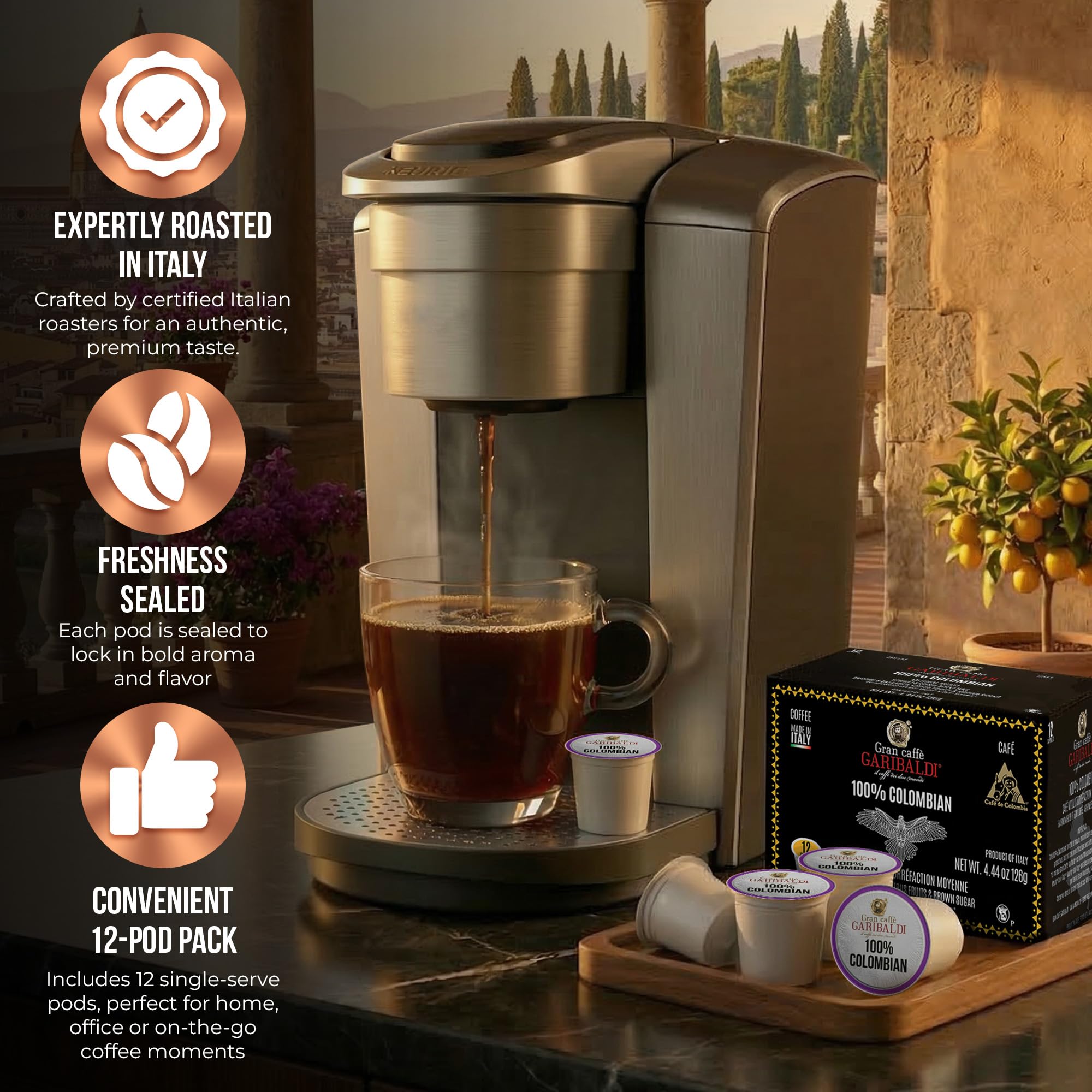 Caffè Garibaldi Colombian Coffee Pods, Medium Roast Arabica 12 Count K Cups