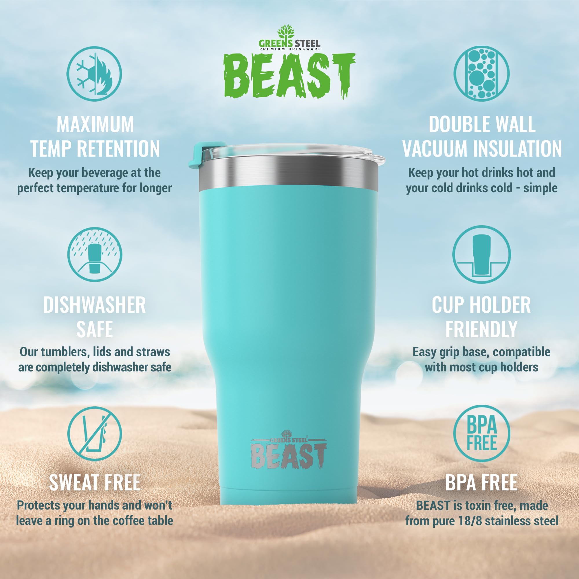 Beast 20 oz Tumbler Stainless Steel Vacuum Insulated Coffee Ice Cup Double Wall Travel Flask (Aquamarine Blue)