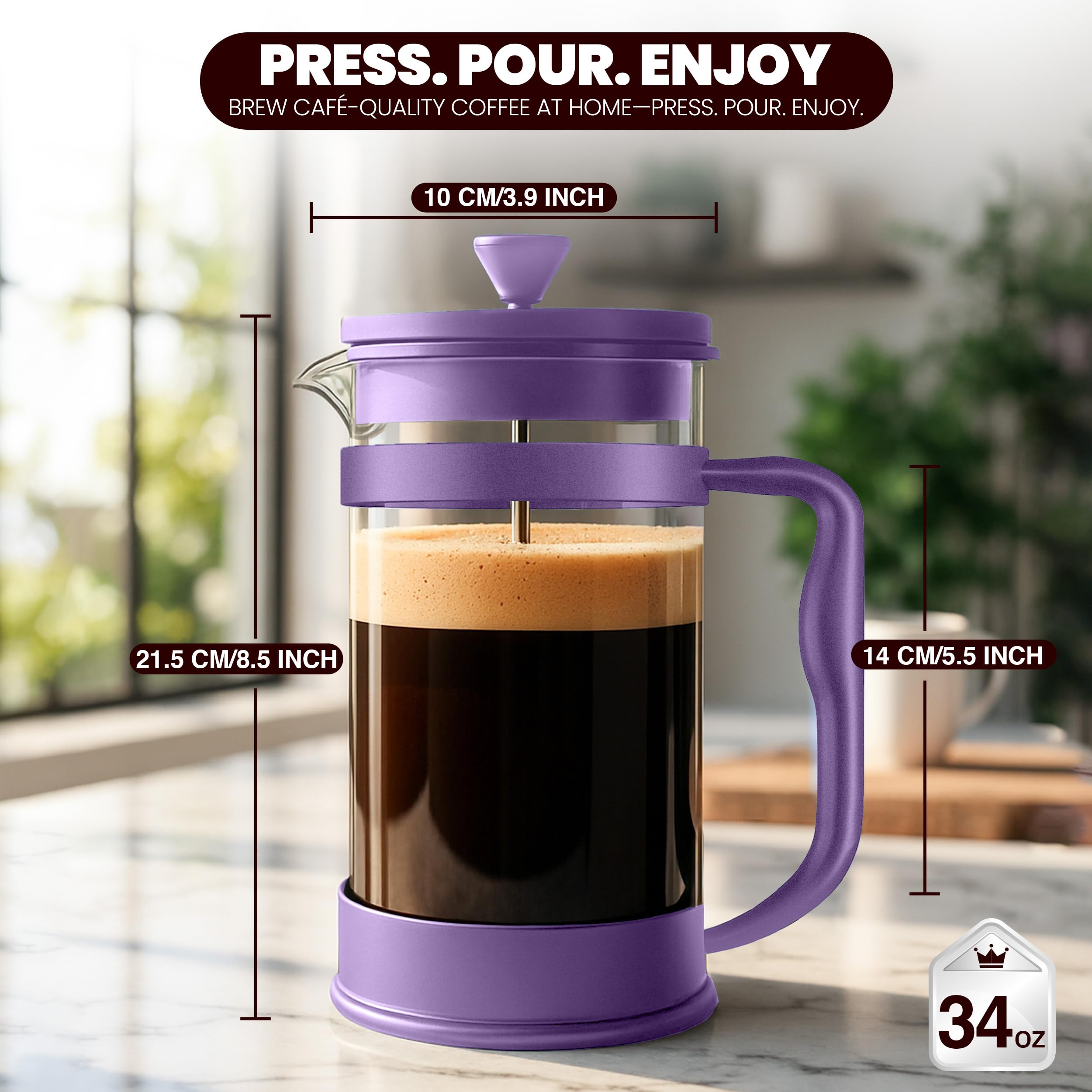 Utopia Kitchen Borosilicate Glass French Press Coffee Maker 34 Oz, Plum