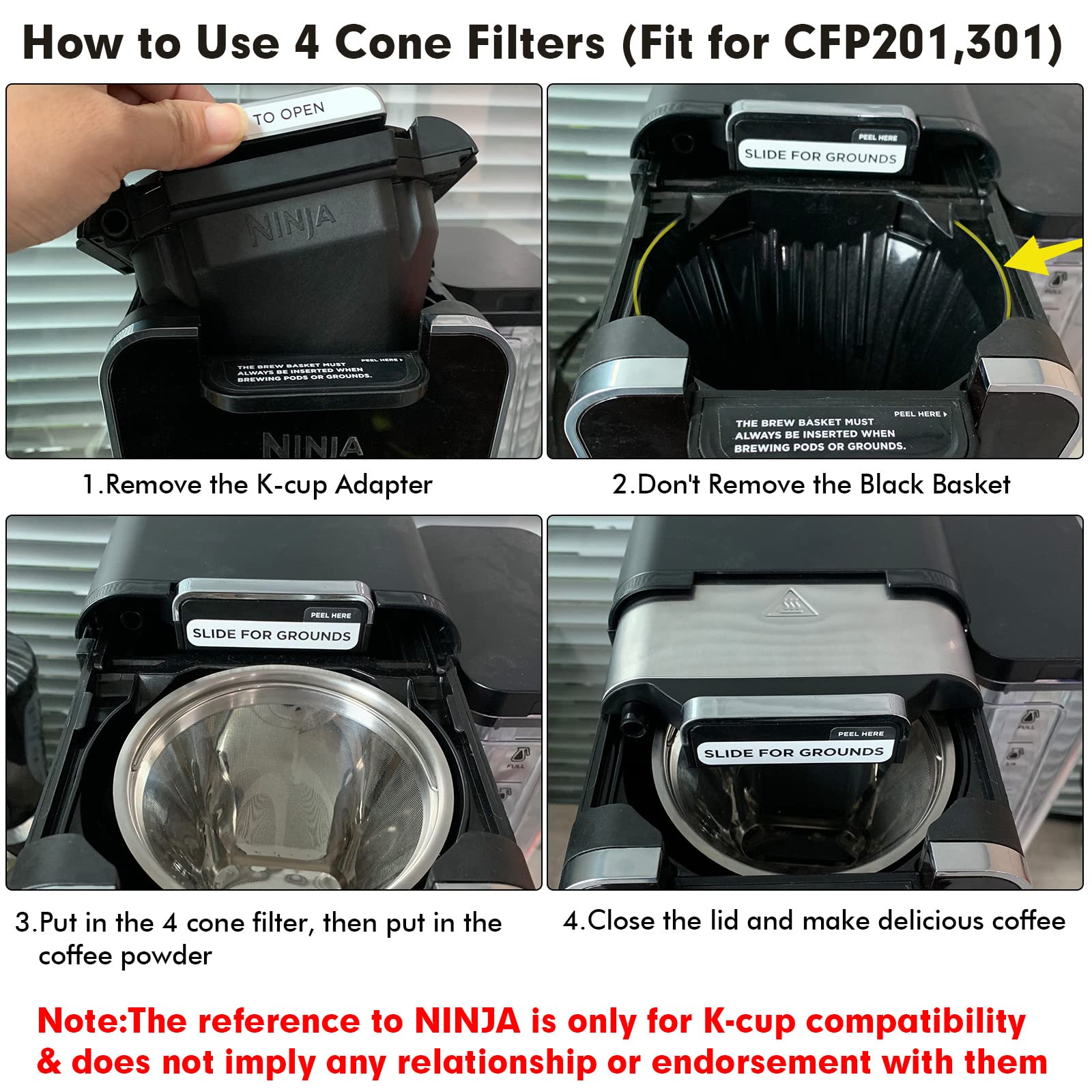 Stainless Steel Reusable Coffee Filter Compatible with Coffee Maker, Reusable Coffee Pods with 4 Cone Coffee Filters, Reusable Coffee Filters for Ninja CFP201 CFP300 CFP301 CFP307