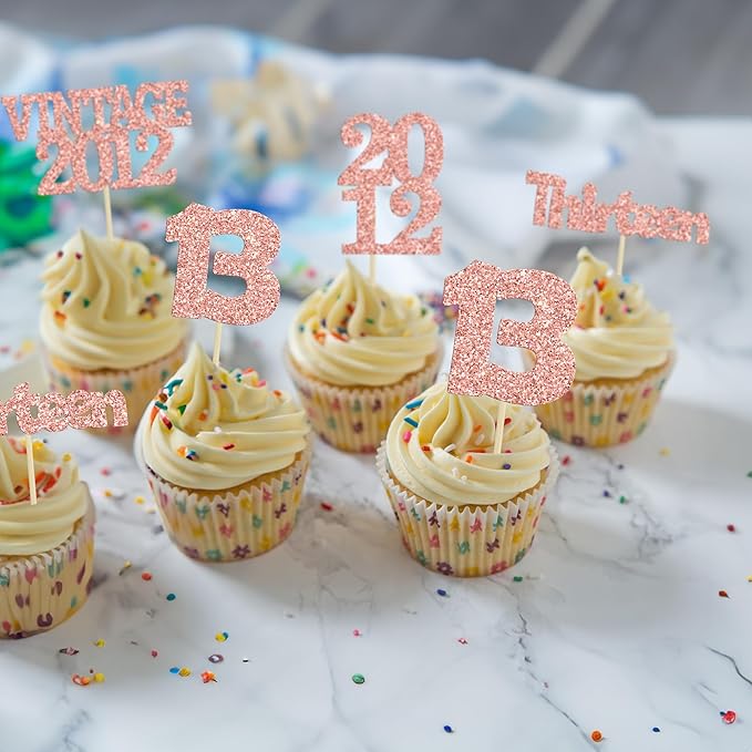 Gyufise 24Pcs 13th Birthday Cupcake Toppers Glitter Thirteen Vintage 2012 Hello 13 Years Birthday Cupcake Picks Official Teenager 13 Cake Decor for Happy 13th Anniversary Party Rose Gold