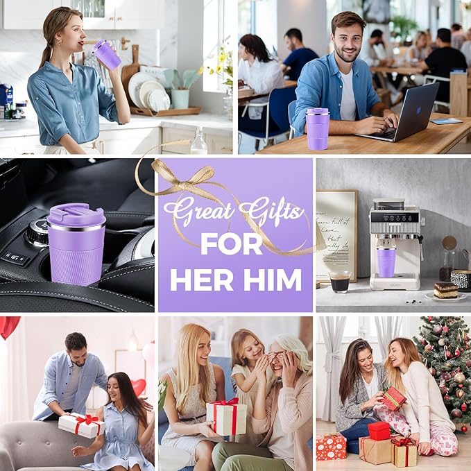 Volhoply 13 oz Stainless Steel Insulated Travel Coffee Mug with Fip Lid,Reusable Double Wall Vacuum Metal Coffee Cup,Portable to Go Leak Proof Cafe Thermal Tumbler for Hot & Cold Drinks(Purple,1)