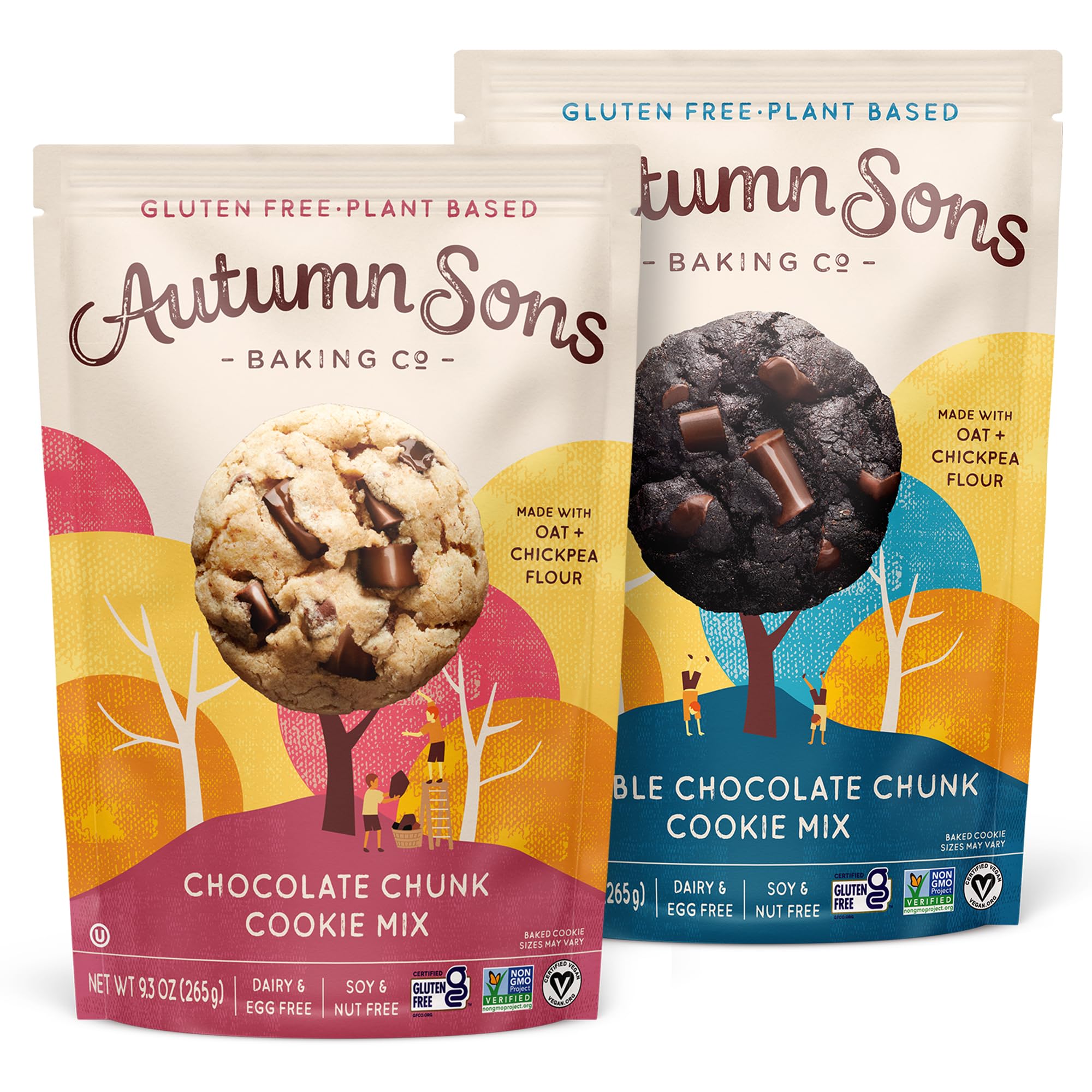 Autumn Sons Baking Co. Gluten Free Chocolate Chunk & Double Chocolate Chunk Cookie Mix Combo Pack. Vegan Plant Based Baking Mix. Top 9 Allergen Free. 9.3 oz (Pack of 2)