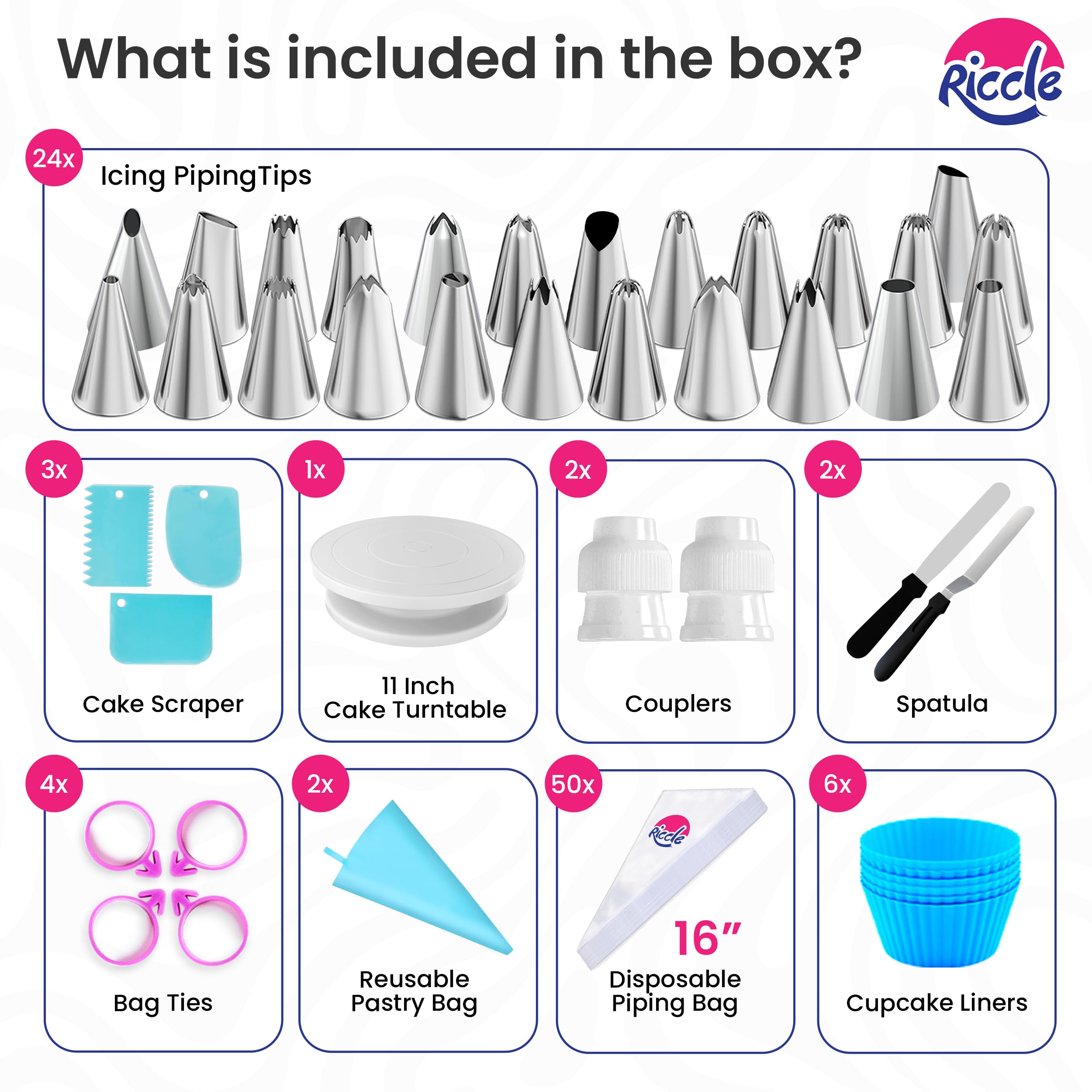 Riccle 94 pcs Cake Decorating Kit with Cake Turntable - Includes 50pcs 16 Inch Disposable + 2 Reusable Piping Bags and Tips Set, 24 Icing Piping Tips, 2 Spatulas, 3 Icing Comb Scraper, 6 Cake Liners