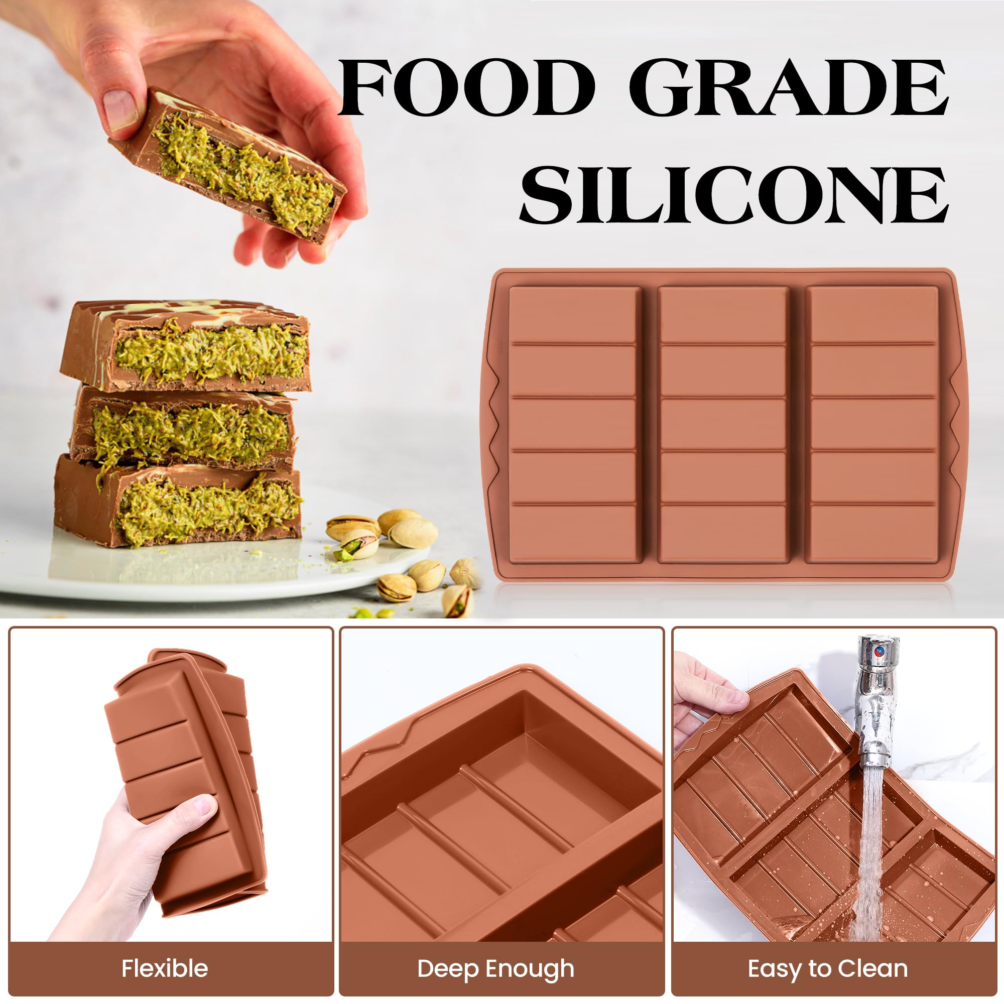 KASHME 2 Pcs Chocolate Bar Mold Deep Dubai 0.85 Inch Stuffed Chocolate Molds Silicone Large Break Apart Silicone Molds (10 Snap + 5 Snap）