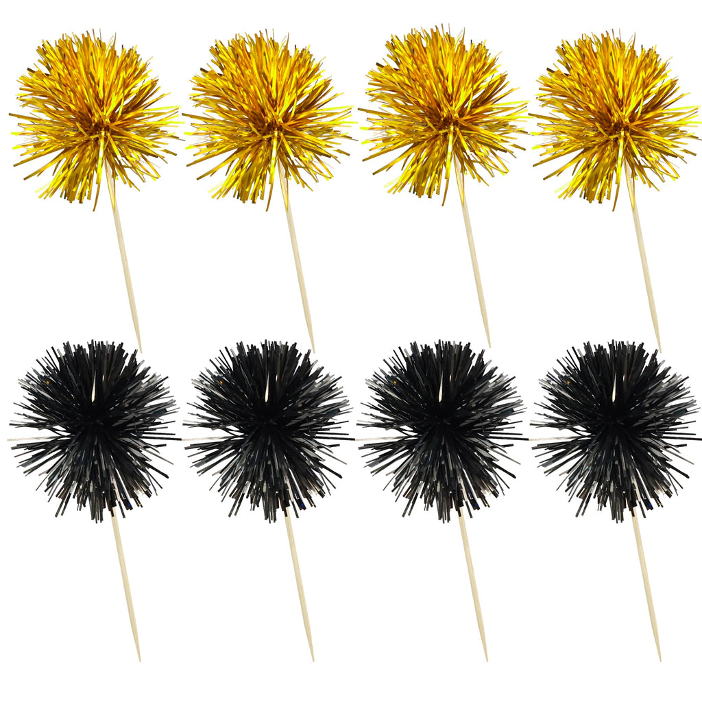 Ephlyn 30Pcs Foil Firework Cupcake Toppers Sparkle Tinsel Cupcake Picks Happy Birthday Cake Decorations Drink Stirrers Cocktail Food Toothpicks for Baby Shower Graduation Party Supplies Black Gold