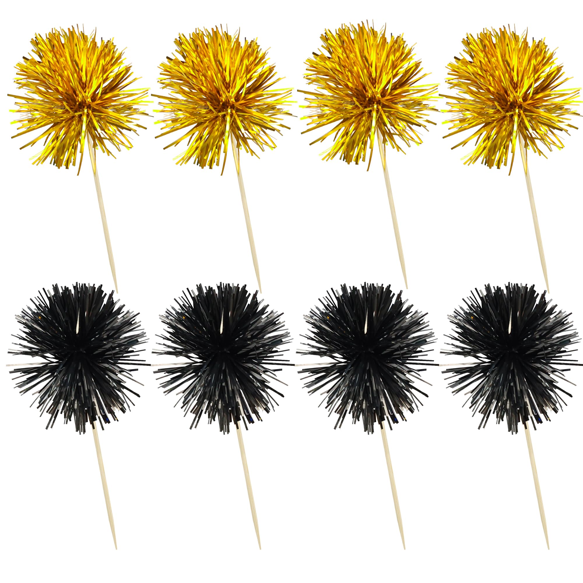 Ephlyn 30Pcs Foil Firework Cupcake Toppers Sparkle Tinsel Cupcake Picks Happy Birthday Cake Decorations Drink Stirrers Cocktail Food Toothpicks for Baby Shower Graduation Party Supplies Black Gold