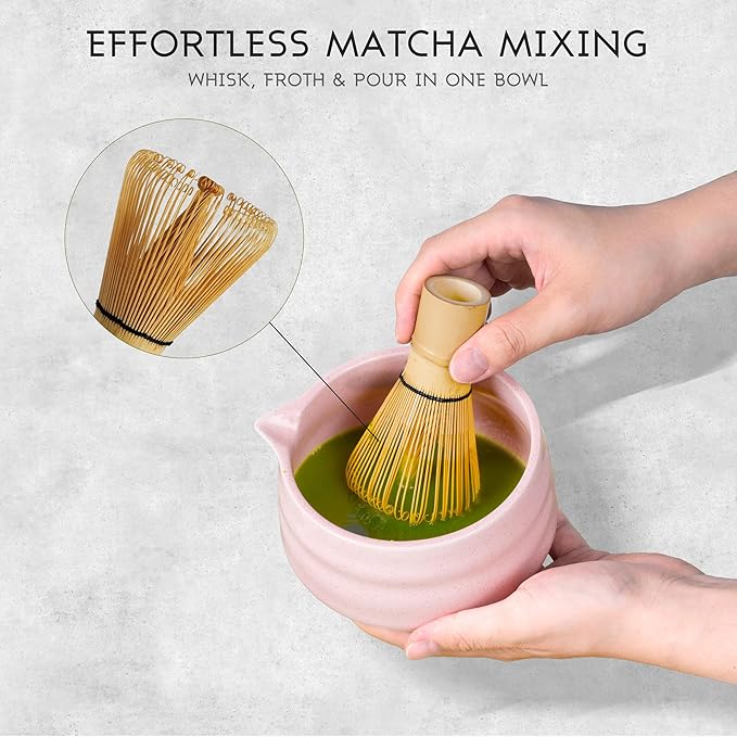 Pink Matcha Set, 8 Pcs Matcha Whisk Set with Porcelain Sakura Tea Cup, Matcha Bowl, Whisk and Holder, Bamboo Scoop, Scoop Rest, Sifter, Tea Mat - Gift for Matcha Lover