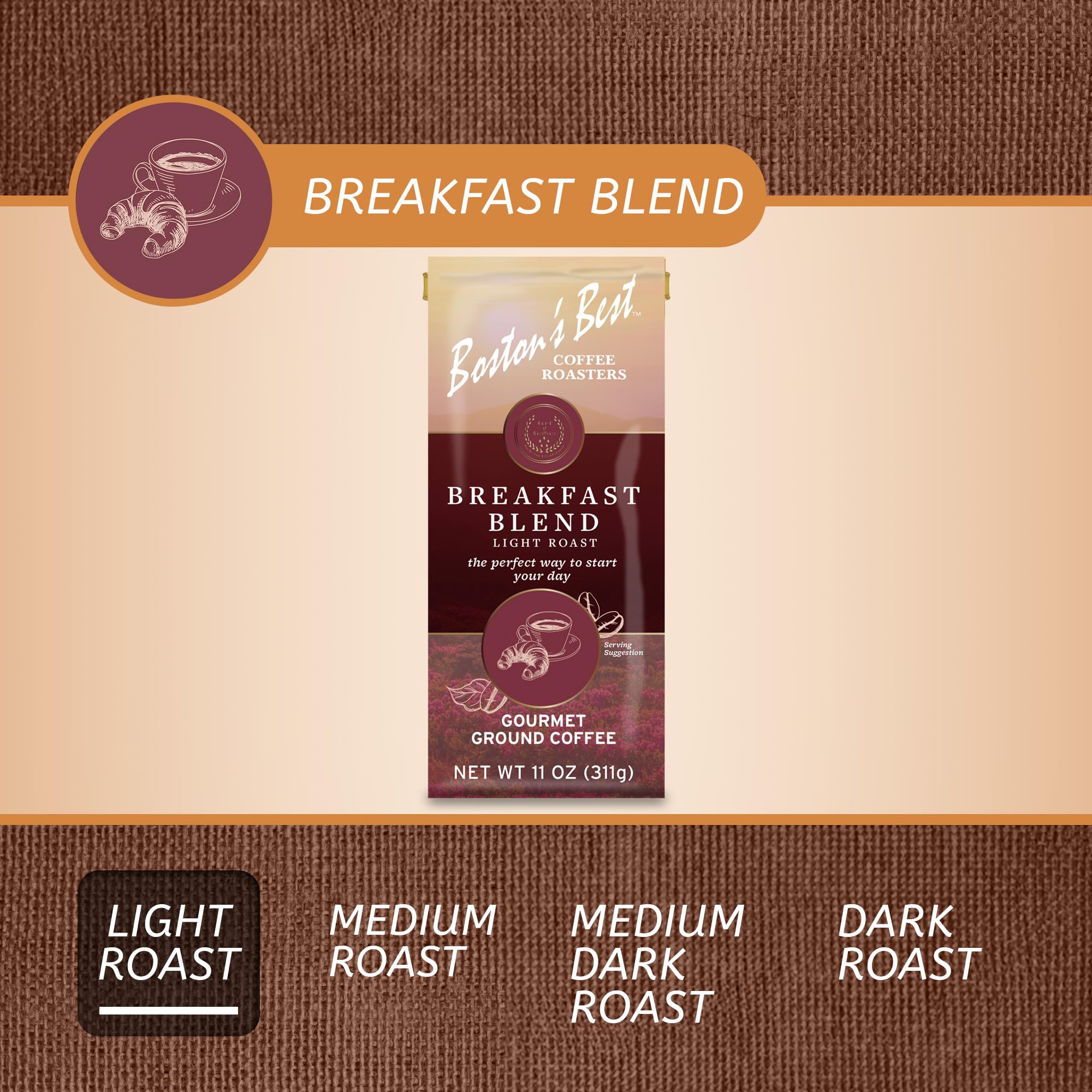 Boston’s Best Coffee - Smooth Light-Roast Breakfast Blend Gourmet Premium Ground Coffee, 11 oz. / 311 g Bag
