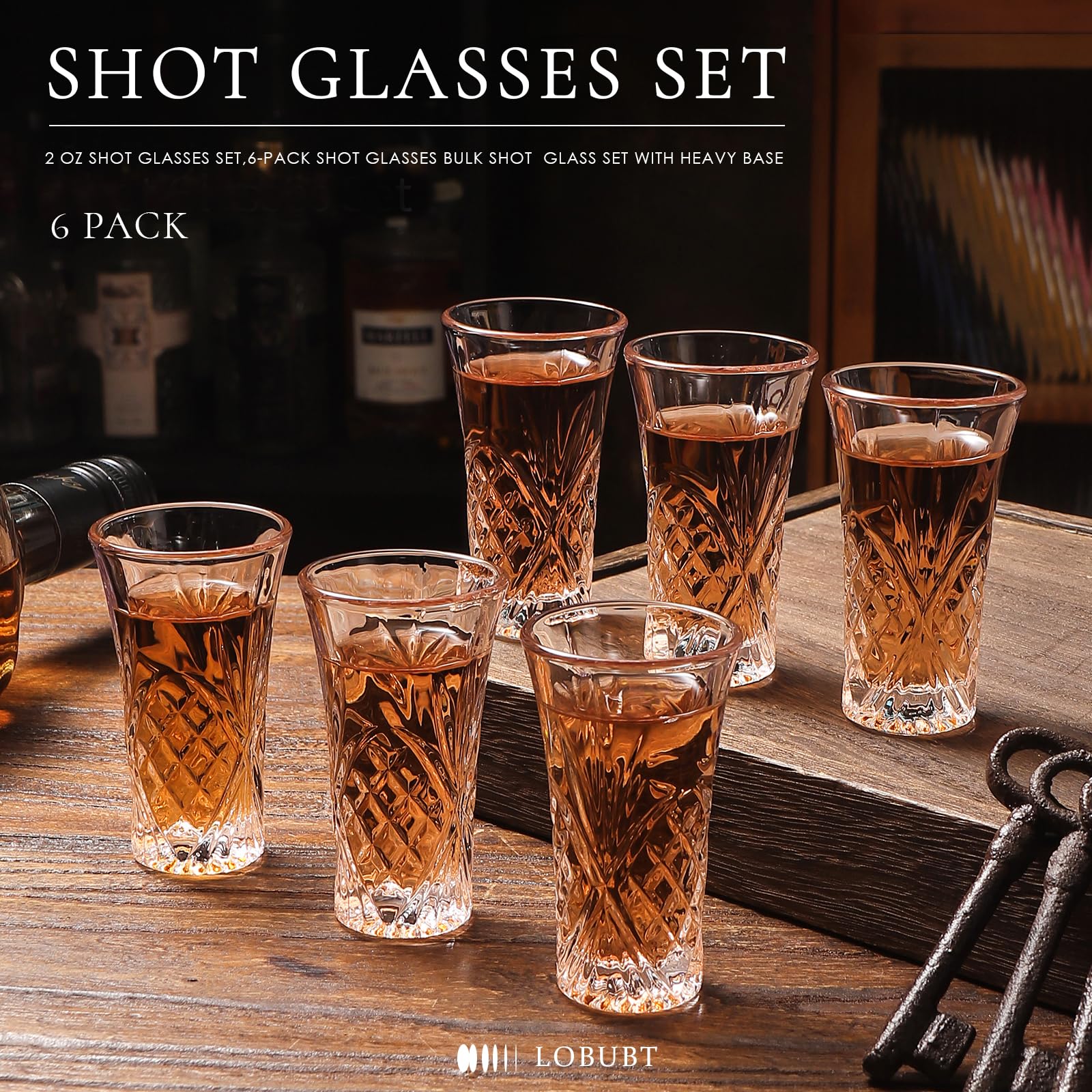 LOBUBT 6 Pack Shot Glass Bulk Set with Heavy Base 2 OZ Small Shot Cups for Vodka, Whiskey, Tequila, Espresso, Liquor Set