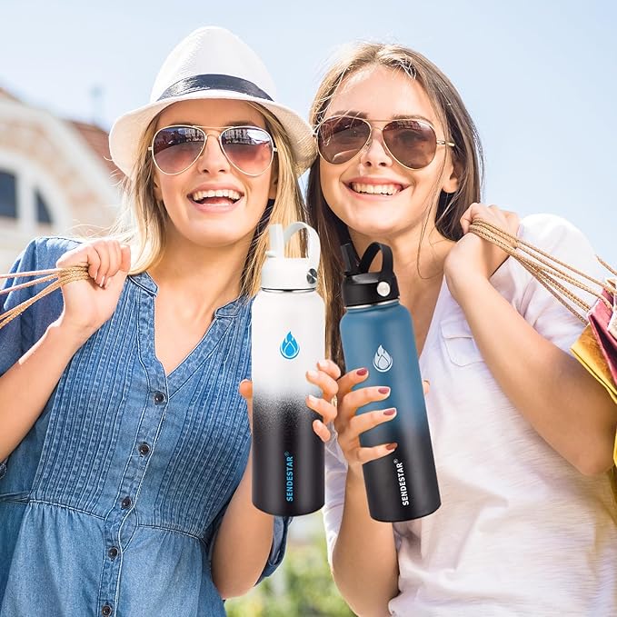 SENDESTAR Water Bottle 24oz Double Wall Vacuum Insulated Leak Proof Stainless Steel Sports Water Bottle—Wide Mouth with New Flex Straw Lid & Spout Lid (Deep Blue&Black)