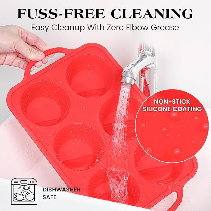 1 Pc Jumbo Muffin Pan with Metal Frame, Nonstick 6 Cup Extra Large Cupcake Pan for Baking, Silicone Deep Muffin Tray for Egg Bites (Red)