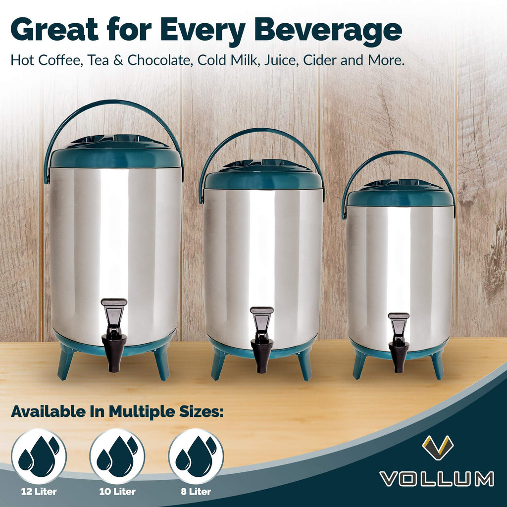 Vollum Stainless Steel Insulated Beverage Dispenser – Insulated Thermal Hot and Cold Coffee Carafe – 8 Liter Drink Dispenser with Spigot for Hot Water, Tea & Coffee, Cold Milk, Juice & More TEAL