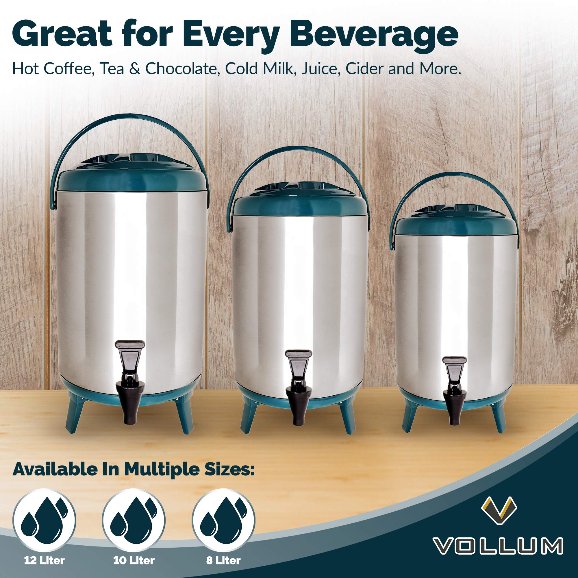 Vollum Stainless Steel Insulated Beverage Dispenser – Insulated Thermal Hot and Cold Coffee Carafe – 8 Liter Drink Dispenser with Spigot for Hot Water, Tea & Coffee, Cold Milk, Juice & More TEAL