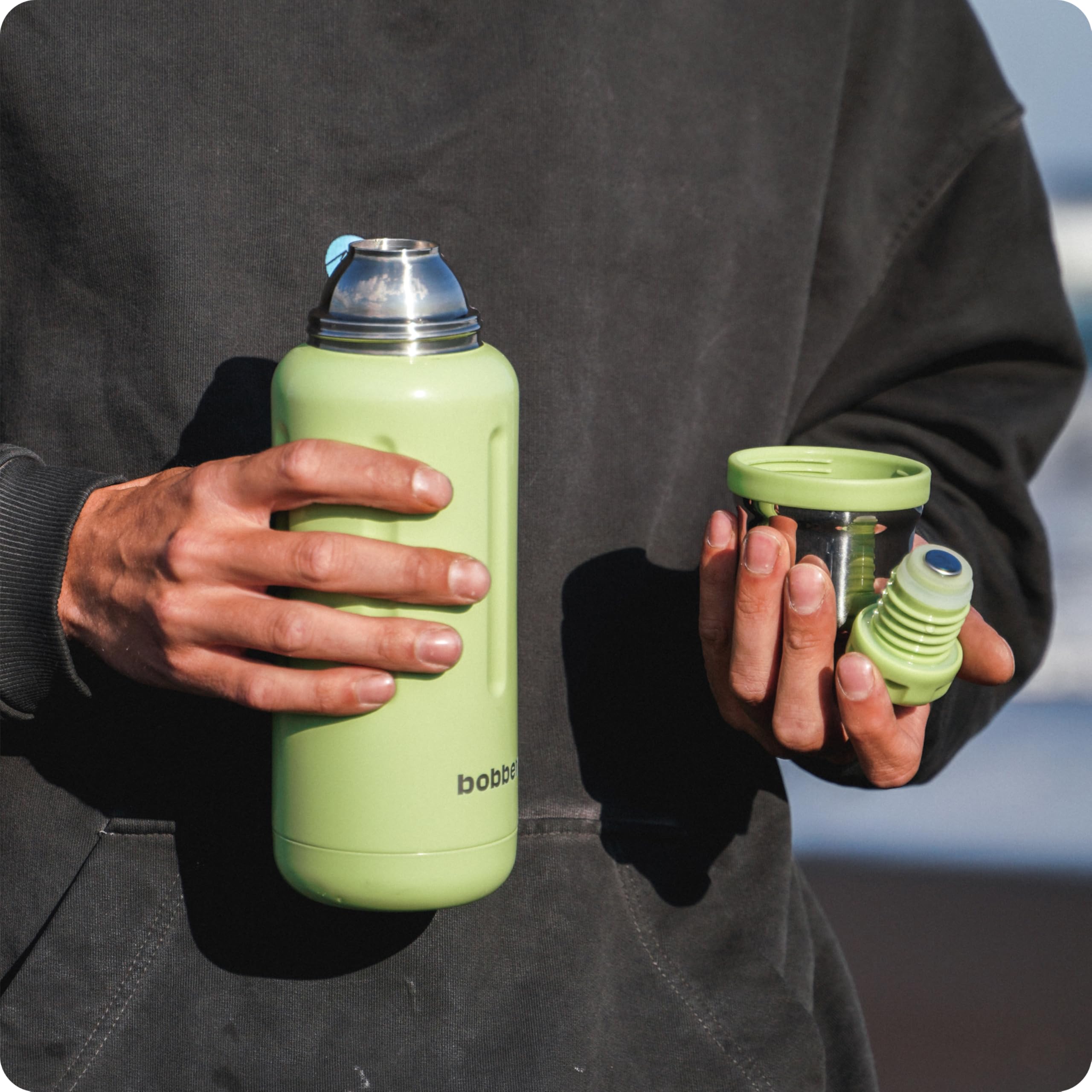 BOBBER 34 oz / 1 Liter Stainless Steel Travel Thermo Flask for Hot and Cold Drinks – Dishwasher Safe Metal Water Bottle with Cup Lid – Keeps Hot for 48 Hours – BPA-Free, Vacuum Insulated (Mint Cooler)