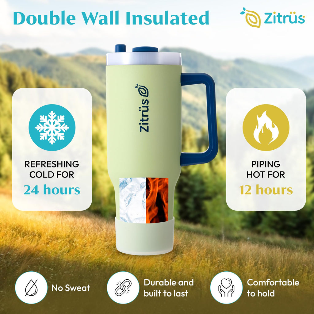 ZITRÜS 40 oz Tumbler with Handle and Straw | Leak Proof Insulated Stainless Steel Water Bottle Travel Mug Fits in Cup Holder | Keeps Cold Hot | Gifts for Women Men Him Her (Pastel Green, 40 oz)
