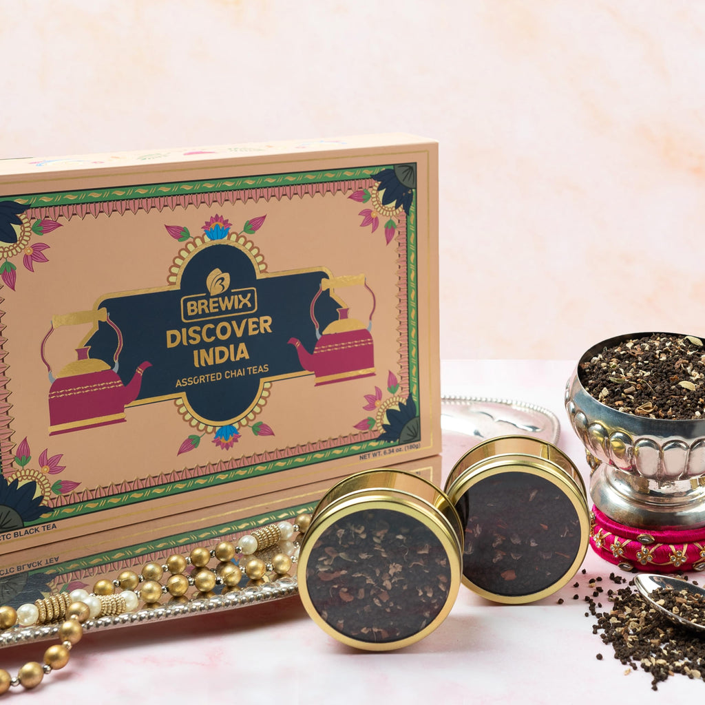 BREWIX, Discover India Premium Black Tea Christmas Gift Box (6.34oz/90+ Cups) | Tea Gift Sets For Tea Lover | 6 Unique Chai Teas | Best for Birthdays, Anniversaries & Holidays