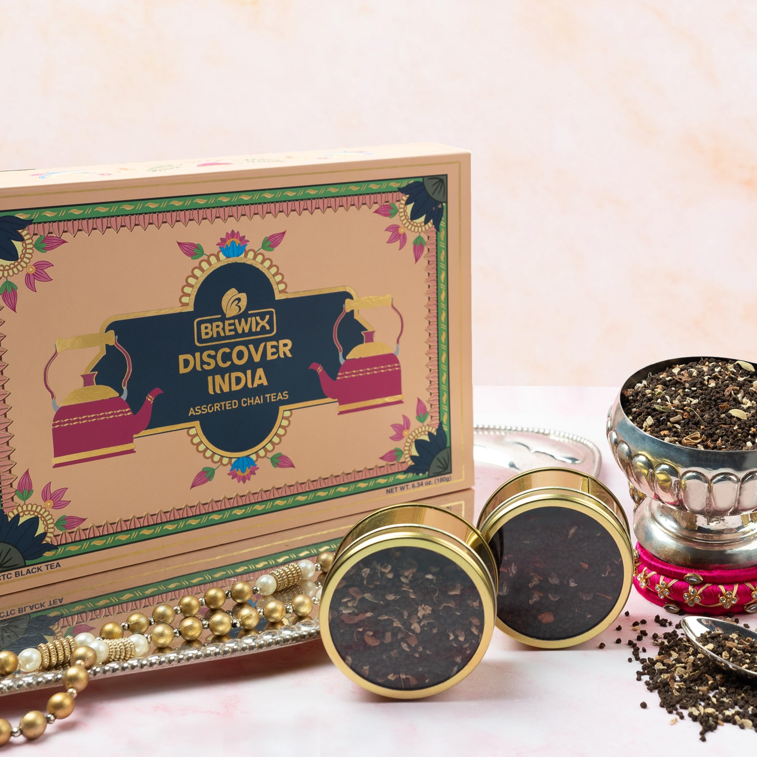 BREWIX, Discover India Premium Black Tea Christmas Gift Box (6.34oz/90+ Cups) | Tea Gift Sets For Tea Lover | 6 Unique Chai Teas | Best for Birthdays, Anniversaries & Holidays