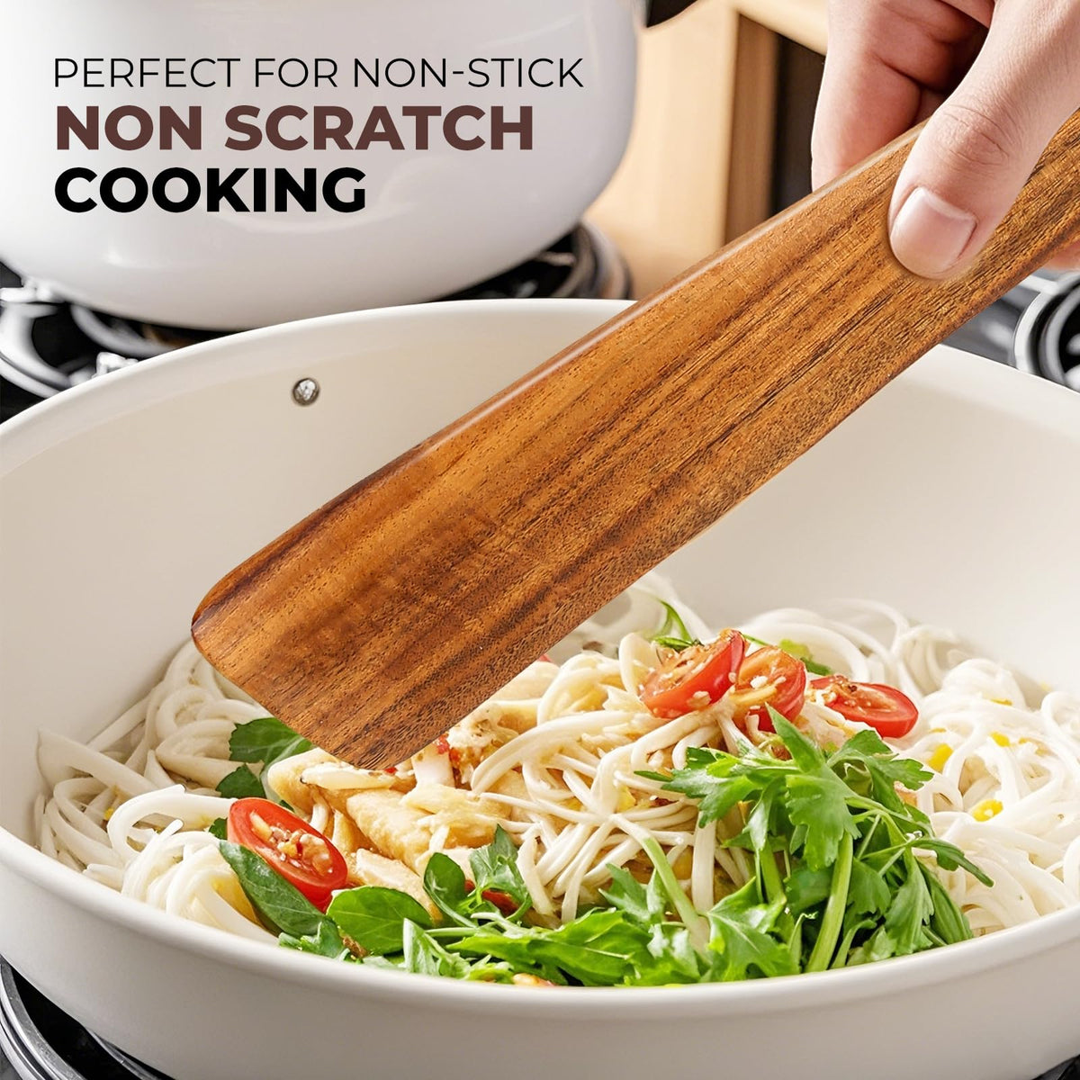 AIUHI Premium Teak Wood Spatula Set, 4-Piece Non-Stick Cooking Utensils for Kitchen, Includes Paddle, Turner, Slotted Spatula & Wood Scraper – Durable & Easy to Clean
