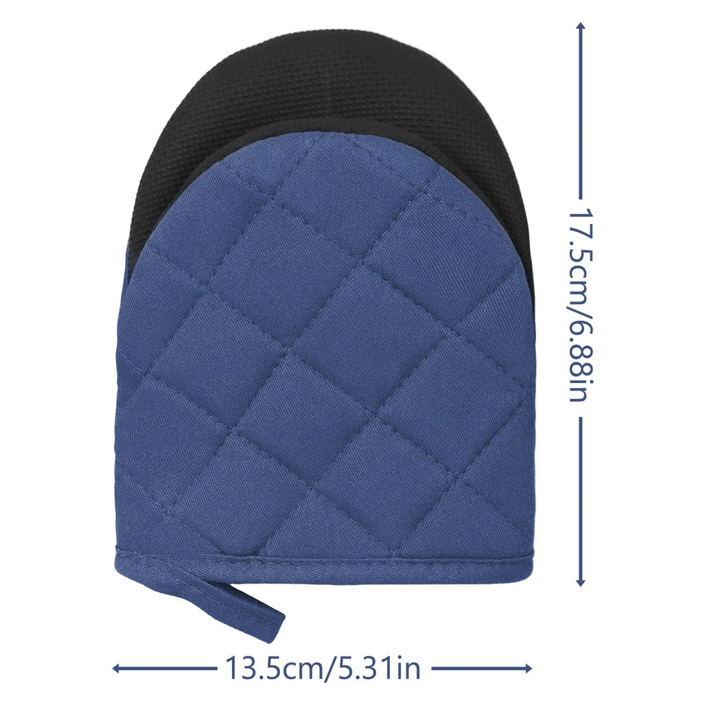 Short Oven Mitts, Heat Resistant 500°F, Silicone Grip Kitchen Gloves, Non-Slip for Baking, Grilling, BBQ, Machine Washable with Hanging Loop, 2-Pack Set, Denim Blue