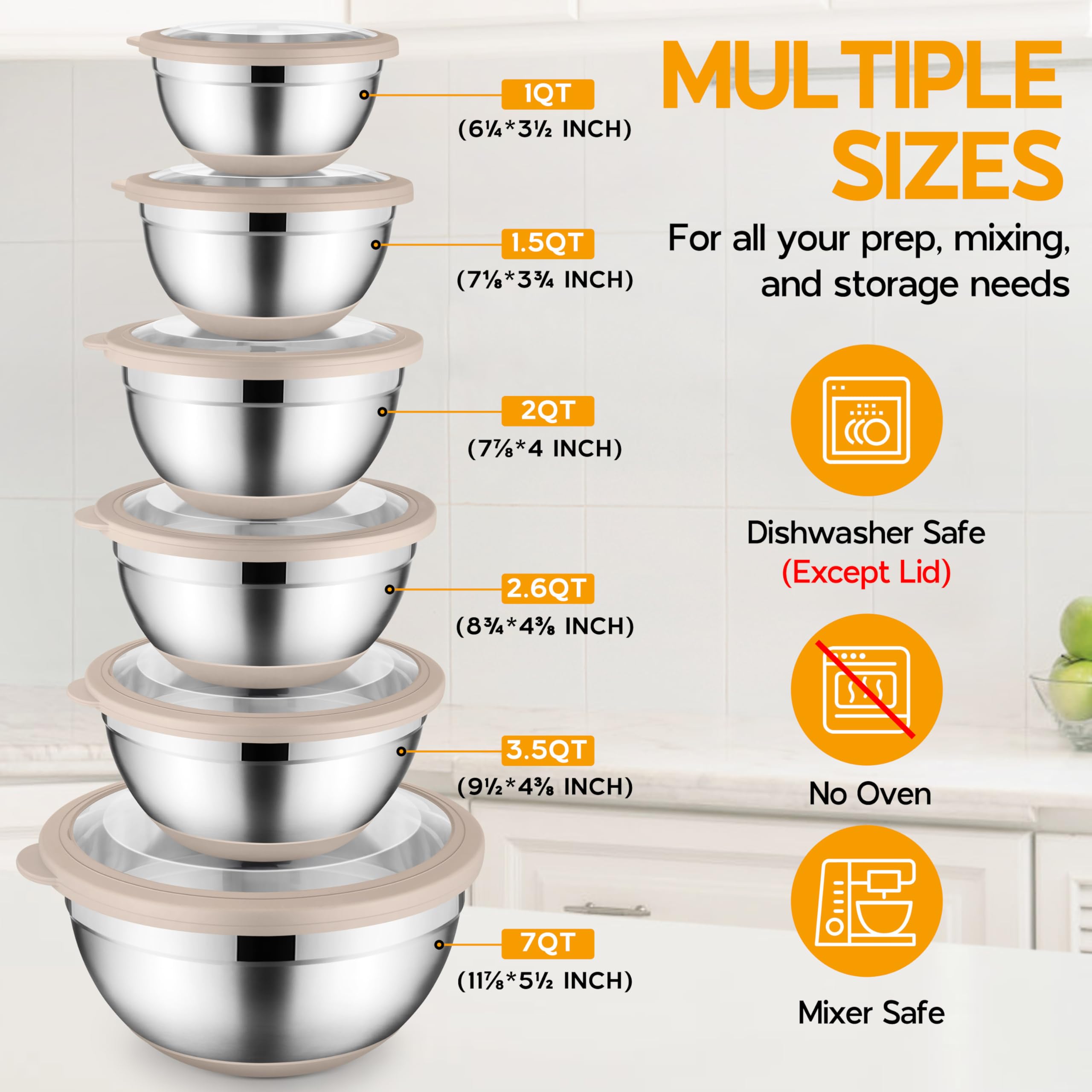 Onader Mixing Bowls with Lids Set of 6, Large Metal Nesting Mixing Bowls, Stainless Steel Non-Slip Salad Bowl Khaki – Size 0.7, 1, 1.5, 2, 2.6, 4.6QT