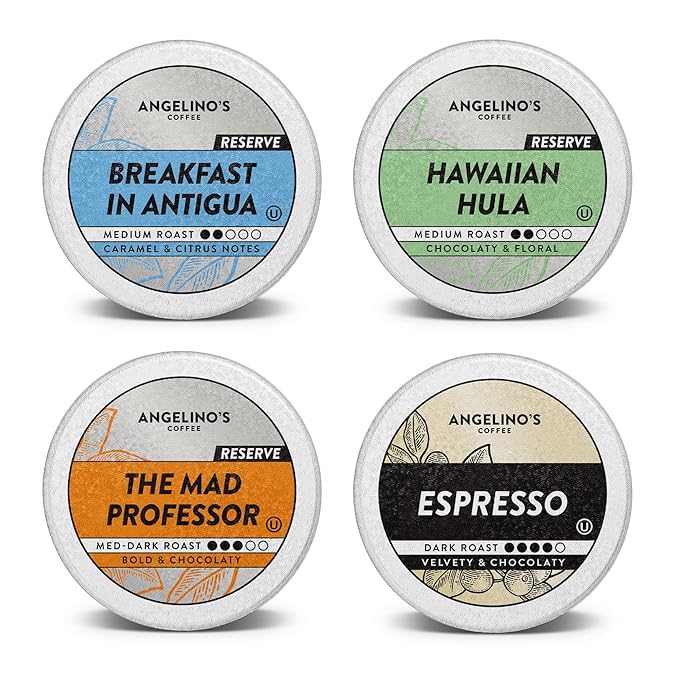 Angelino's Coffee Reserve Variety Pack, 96 Count – 4 Premium Single-Origin Blends, K Cup Compatible for Keurig – Italian Roast, Mad Professor, Breakfast in Antigua & Costa Rica Volcanica